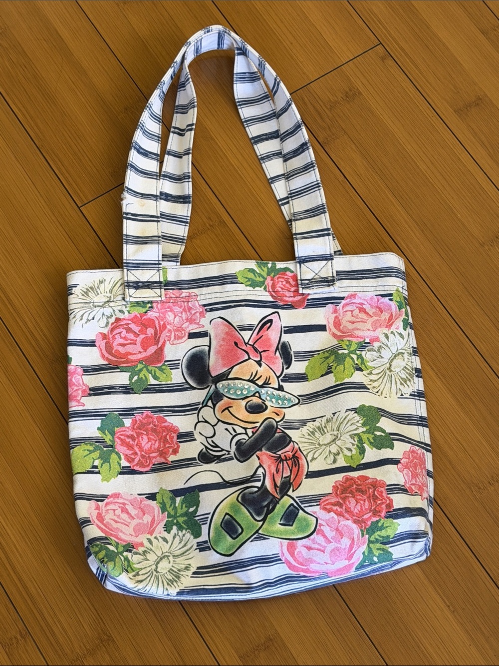 Floral Striped Tote Bag with Pink Bow Green Shoes Minnie with glam rock glasses